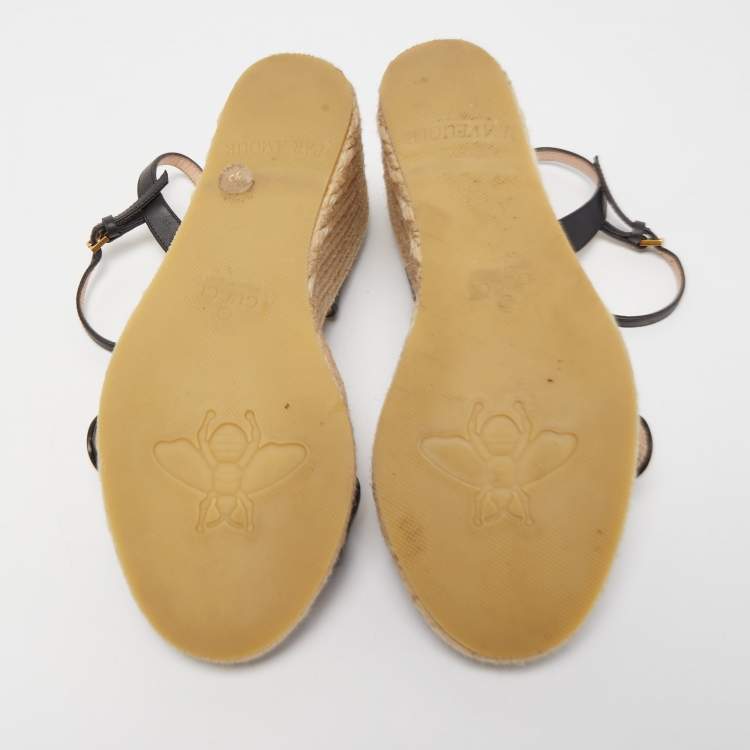 مملوكة مسبقًا Gucci Black Leather Double G Wedge Espadrille Ankle Strap Sandals Size 36