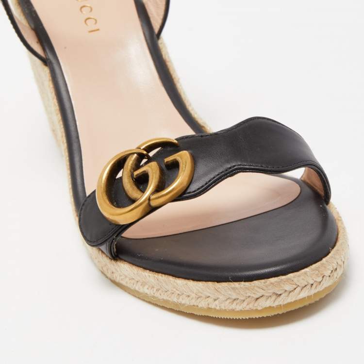 مملوكة مسبقًا Gucci Black Leather Double G Wedge Espadrille Ankle Strap Sandals Size 36