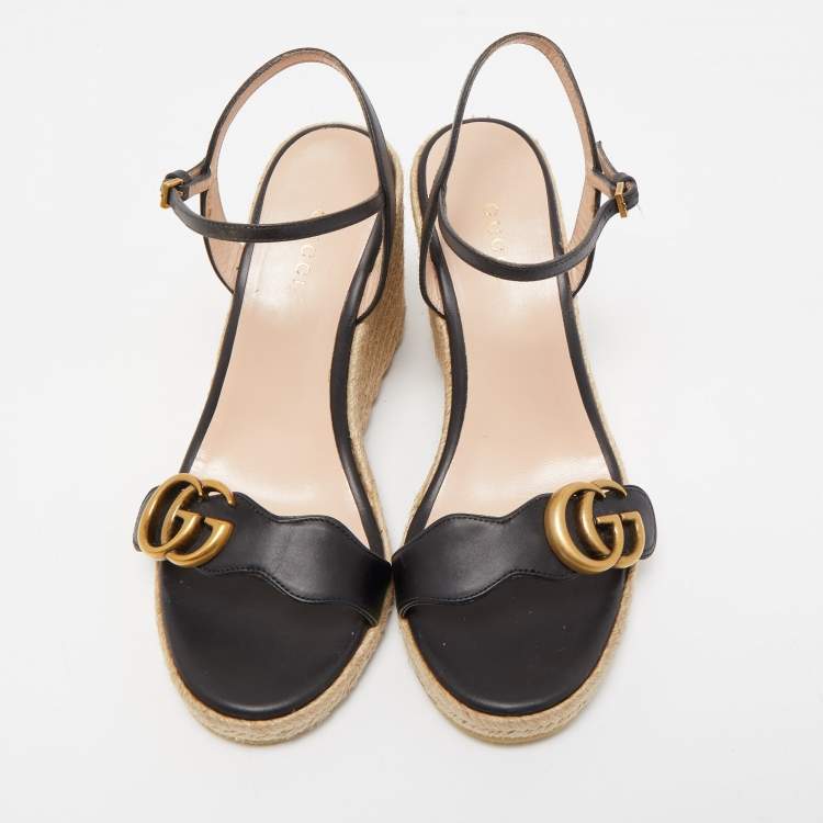 مملوكة مسبقًا Gucci Black Leather Double G Wedge Espadrille Ankle Strap Sandals Size 36