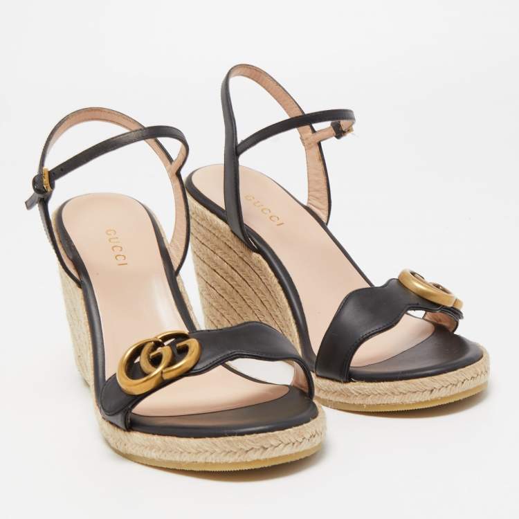 مملوكة مسبقًا Gucci Black Leather Double G Wedge Espadrille Ankle Strap Sandals Size 36