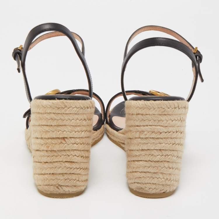 مملوكة مسبقًا Gucci Black Leather Double G Wedge Espadrille Ankle Strap Sandals Size 36