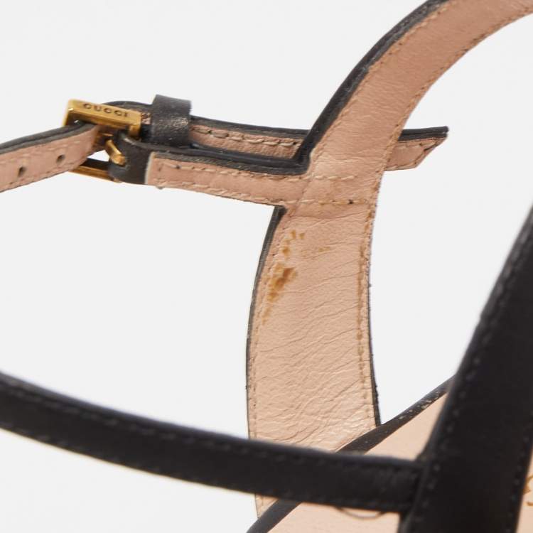 مملوكة مسبقًا Gucci Black Leather Double G Wedge Espadrille Ankle Strap Sandals Size 36