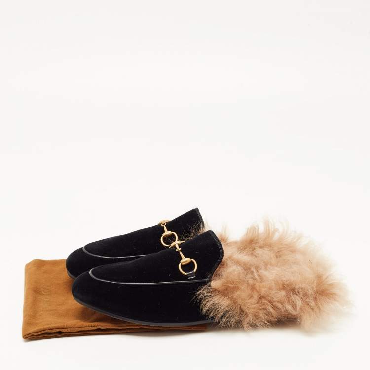 Pre Owned Gucci Black Velvet and Fur Princetown Flat Mules Size 38
