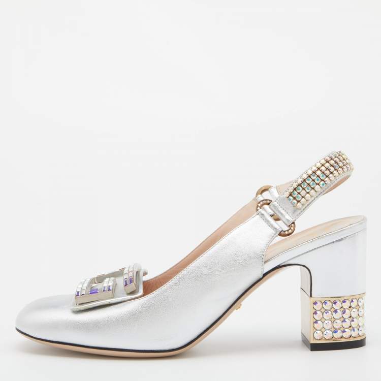 Gucci Silver Leather G Crystal Embellished Block Heel Sandals Size 40 Gucci The Luxury Closet