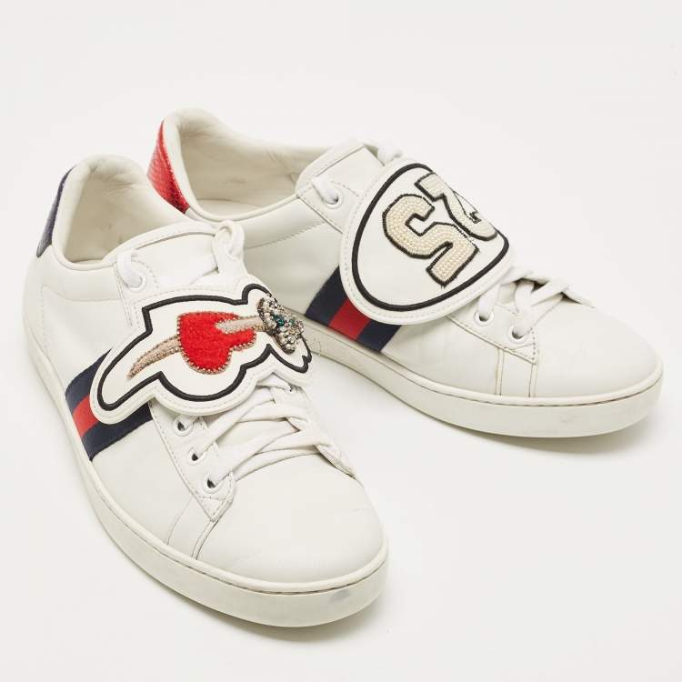 Pre Owned Gucci White Leather Ace Heart Arrow Web Low Top Sneakers Size 40