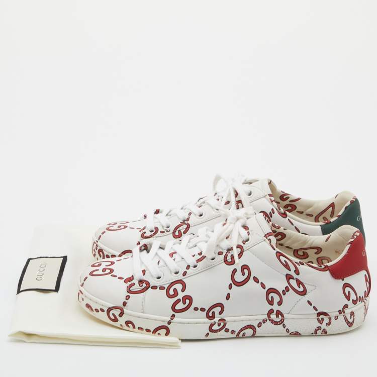 Pre Owned Gucci White/Red GG Print Leather Ace Low-Top Sneakers Size 37