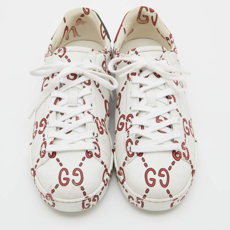 Pre Owned Gucci White/Red GG Print Leather Ace Low-Top Sneakers Size 37