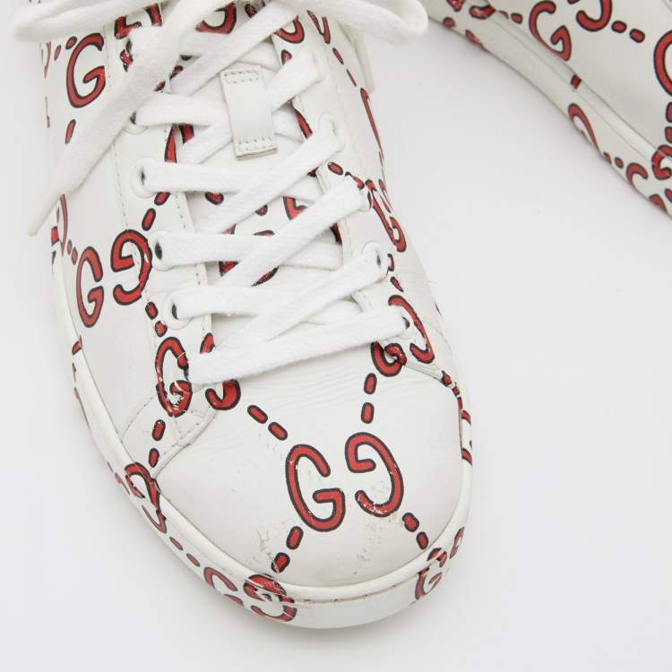 Pre Owned Gucci White/Red GG Print Leather Ace Low-Top Sneakers Size 37