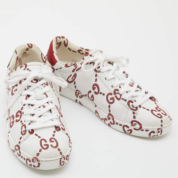 Pre Owned Gucci White/Red GG Print Leather Ace Low-Top Sneakers Size 37
