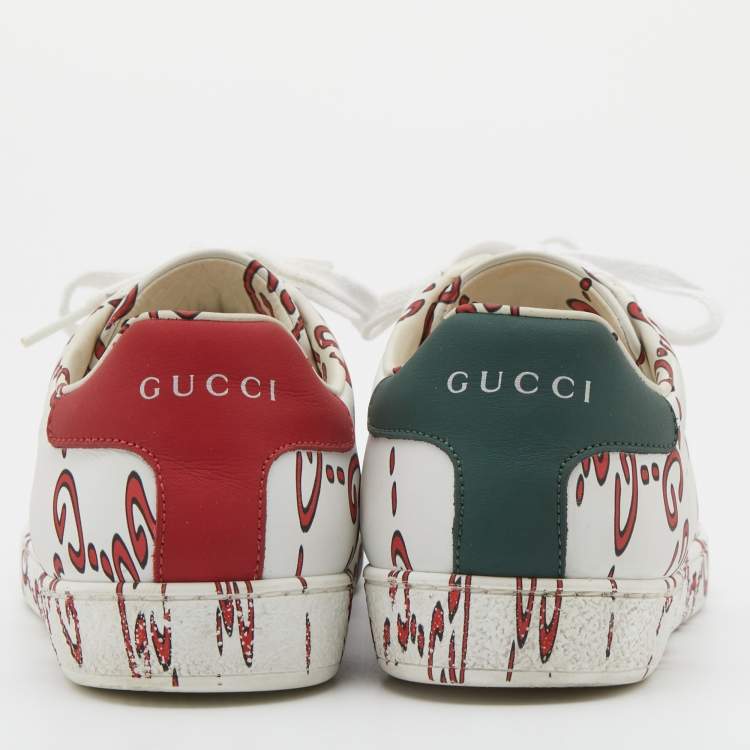 Pre Owned Gucci White/Red GG Print Leather Ace Low-Top Sneakers Size 37