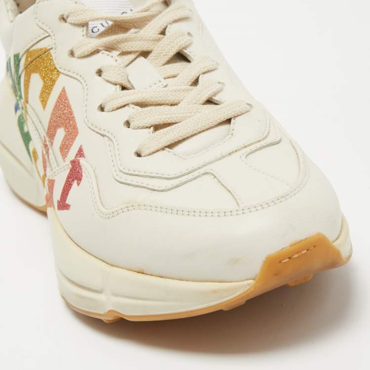 Pre Owned Gucci Cream Leather Glitter Logo Rhyton Sneakers Size 35.5