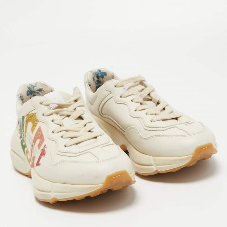 Pre Owned Gucci Cream Leather Glitter Logo Rhyton Sneakers Size 35.5