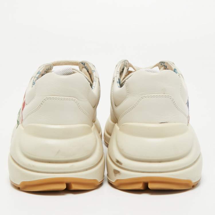 Pre Owned Gucci Cream Leather Glitter Logo Rhyton Sneakers Size 35.5