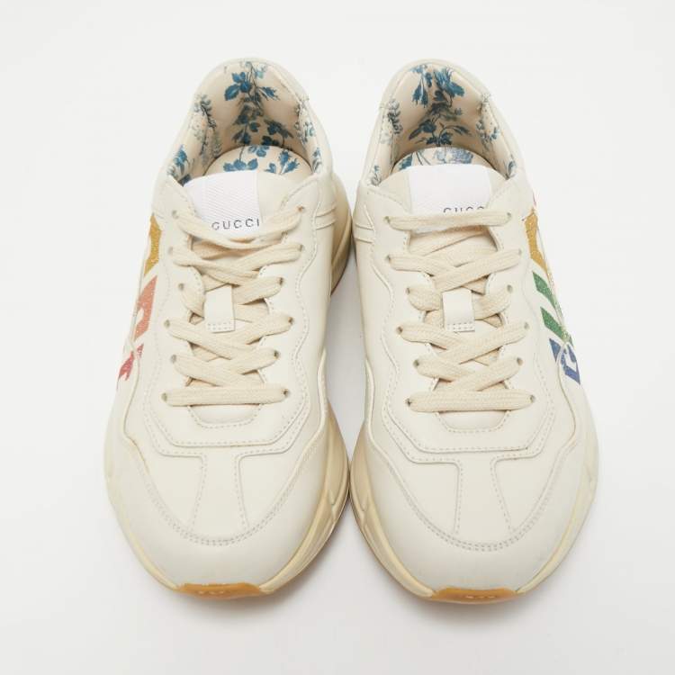 Pre Owned Gucci Cream Leather Glitter Logo Rhyton Sneakers Size 35.5