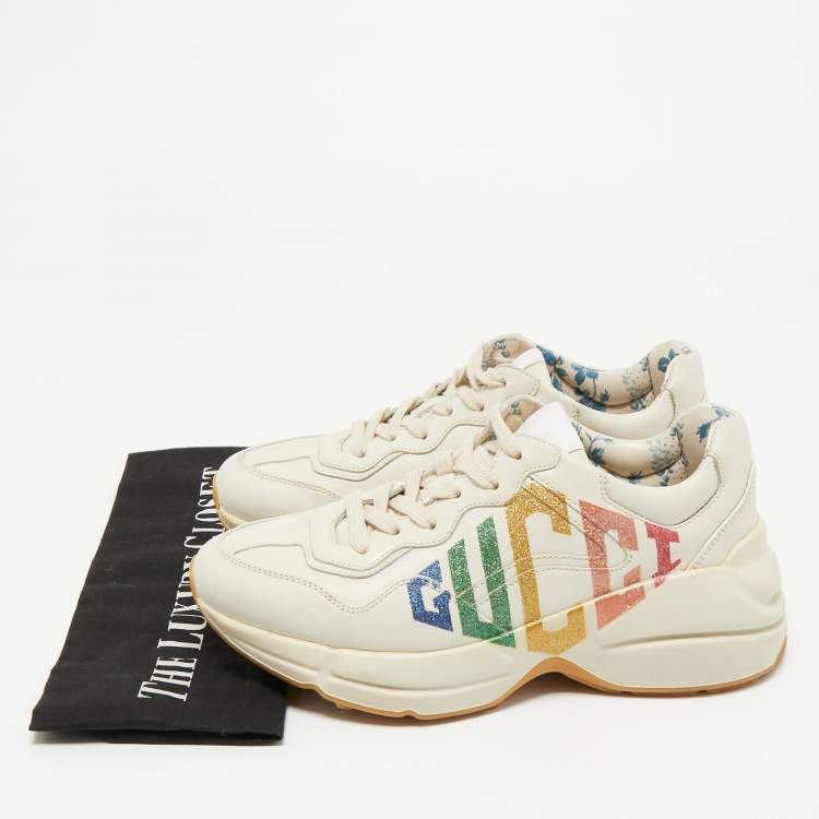 Pre Owned Gucci Cream Leather Glitter Logo Rhyton Sneakers Size 35.5
