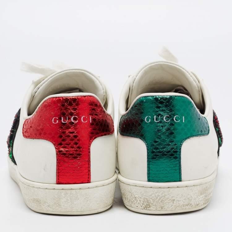 Pre Owned Gucci White Leather Embellished Lip Ace Sneakers Size 40