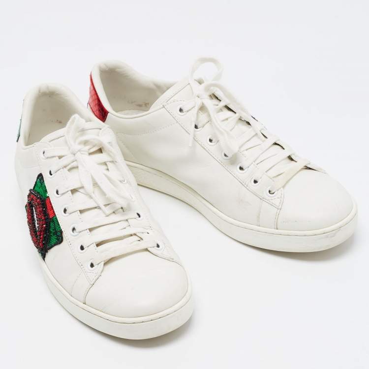 Pre Owned Gucci White Leather Embellished Lip Ace Sneakers Size 40