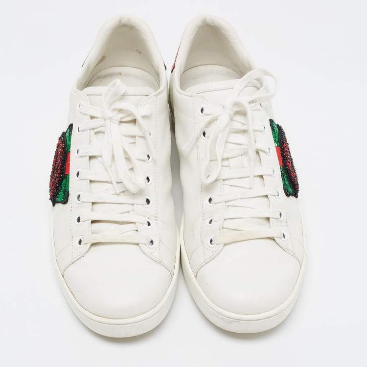Pre Owned Gucci White Leather Embellished Lip Ace Sneakers Size 40