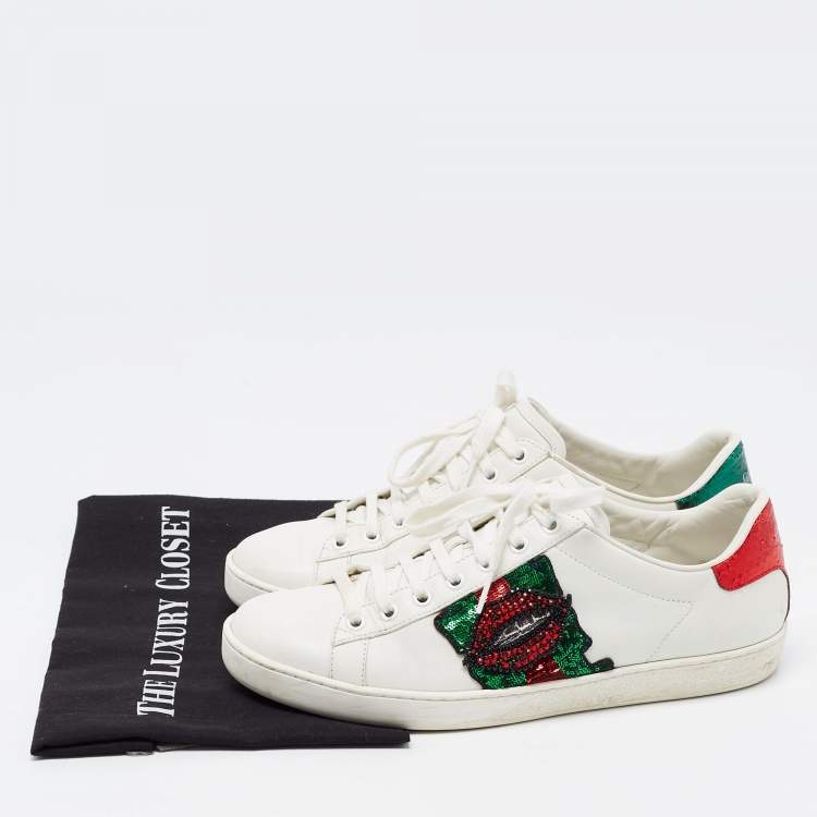 Pre Owned Gucci White Leather Embellished Lip Ace Sneakers Size 40