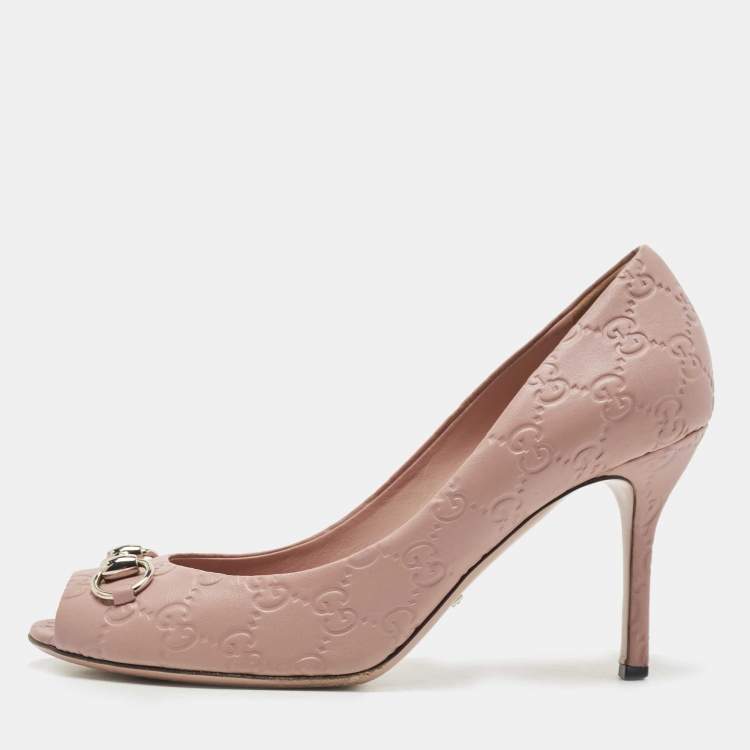 Pre Owned Gucci Pink Guccissima Leather Hollywood Horsebit Peep Toe Pumps Size 40.5