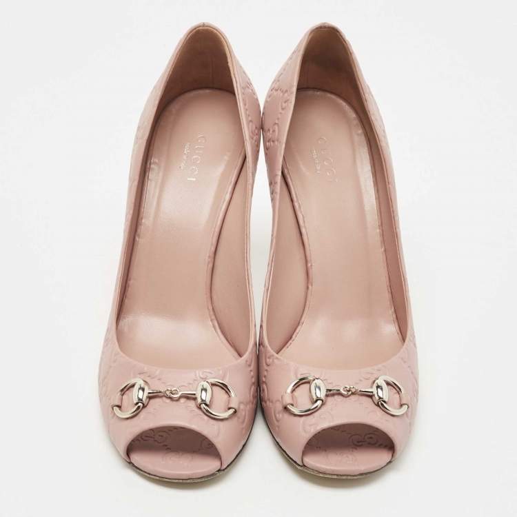 Pre Owned Gucci Pink Guccissima Leather Hollywood Horsebit Peep Toe Pumps Size 40.5