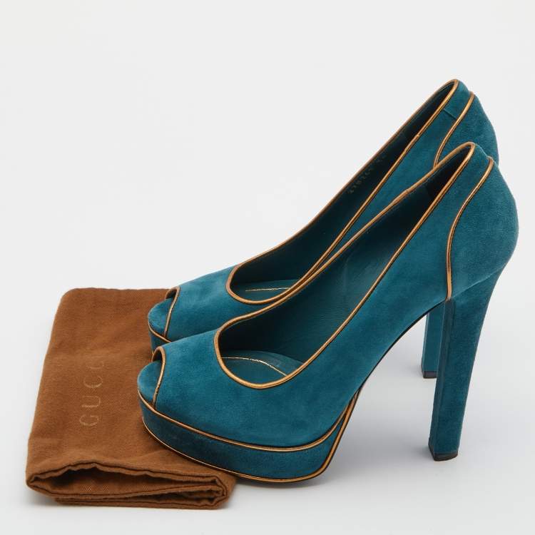 Pre Owned Gucci Teal Blue Suede Peep Toe Platform Pumps Size 39