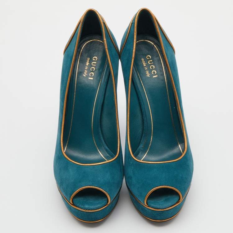 Pre Owned Gucci Teal Blue Suede Peep Toe Platform Pumps Size 39
