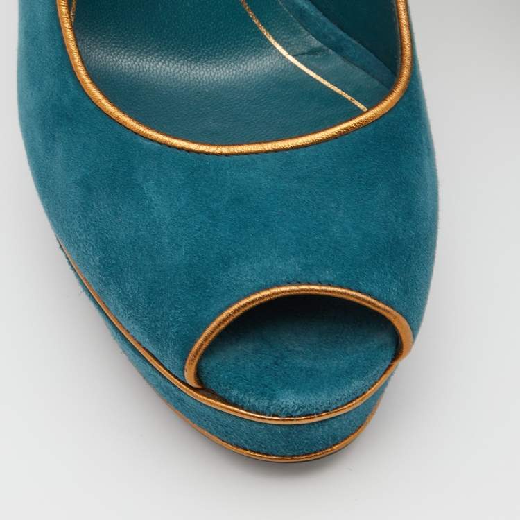 Pre Owned Gucci Teal Blue Suede Peep Toe Platform Pumps Size 39