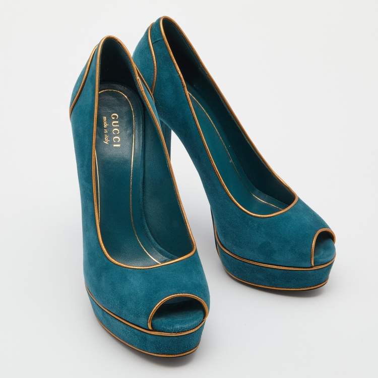 Pre Owned Gucci Teal Blue Suede Peep Toe Platform Pumps Size 39