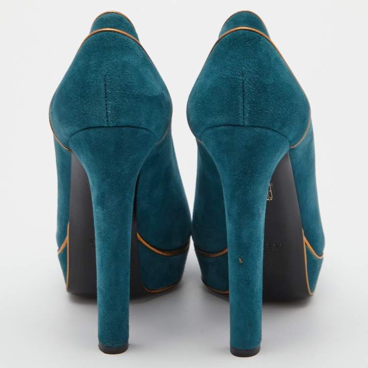 Pre Owned Gucci Teal Blue Suede Peep Toe Platform Pumps Size 39