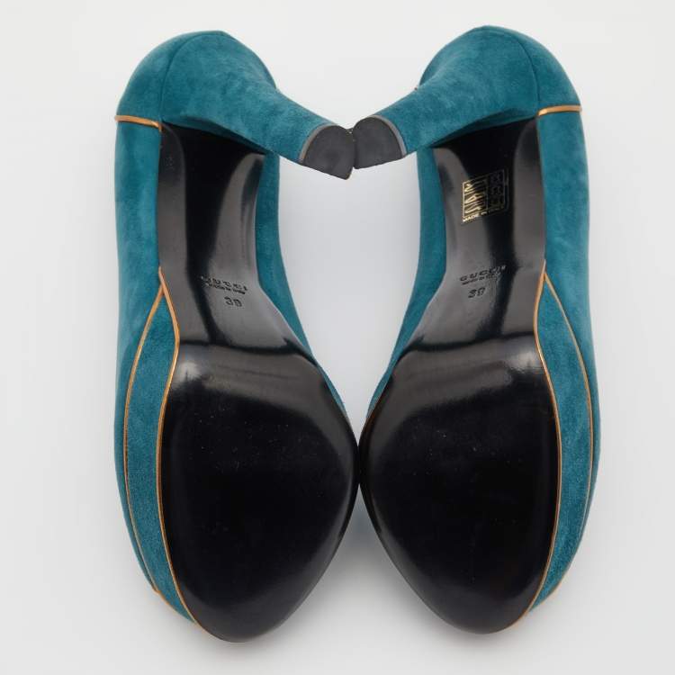 Pre Owned Gucci Teal Blue Suede Peep Toe Platform Pumps Size 39