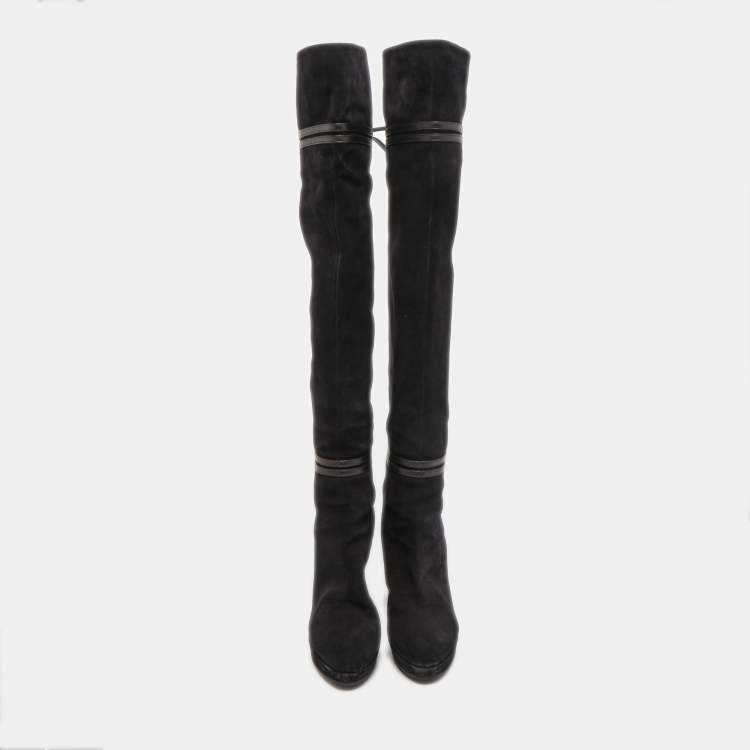 مملوكة مسبقًا Gucci Black Suede and Leather Bow Over The Knee Boots Size 36.5