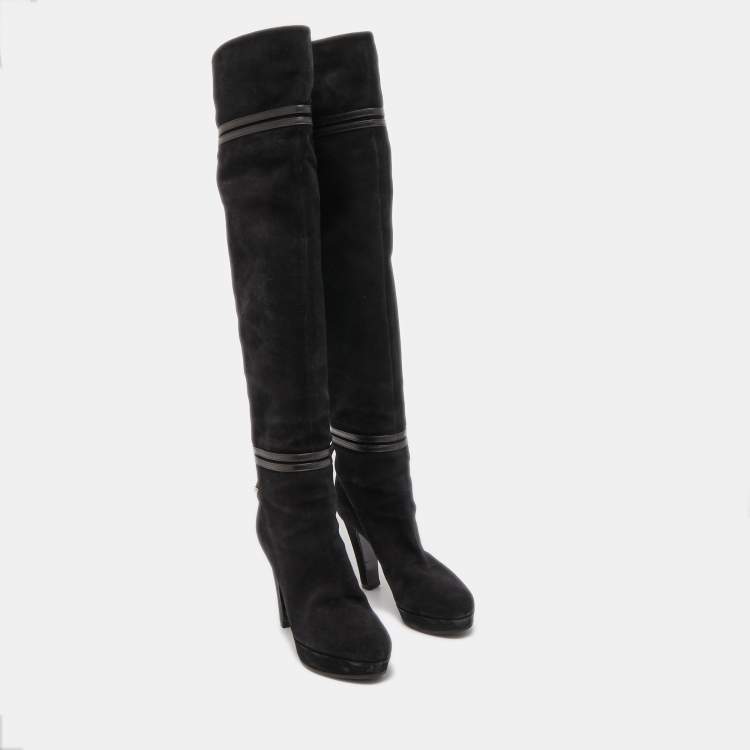 مملوكة مسبقًا Gucci Black Suede and Leather Bow Over The Knee Boots Size 36.5