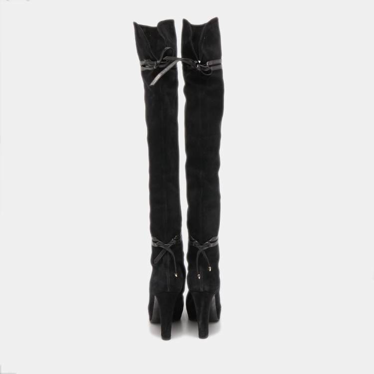 مملوكة مسبقًا Gucci Black Suede and Leather Bow Over The Knee Boots Size 36.5
