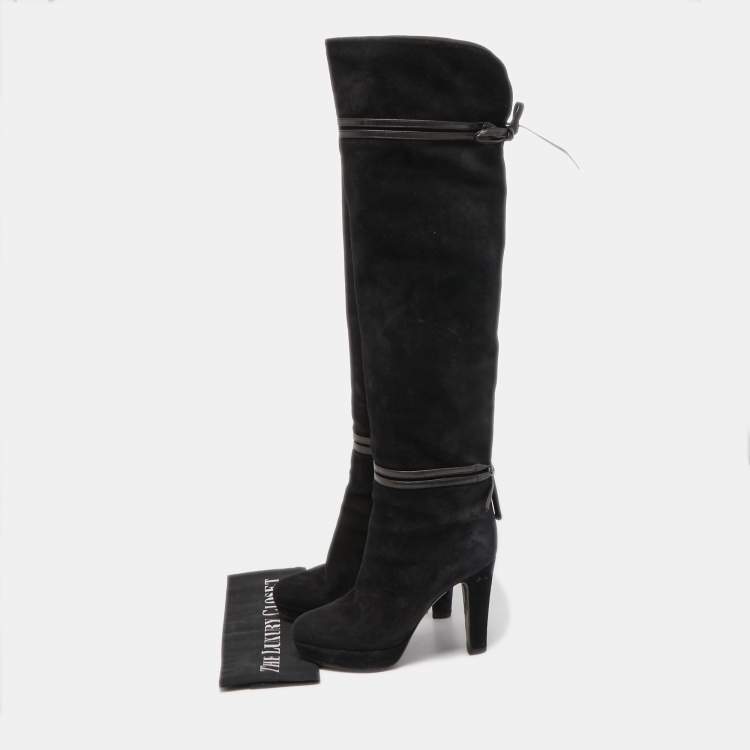 مملوكة مسبقًا Gucci Black Suede and Leather Bow Over The Knee Boots Size 36.5