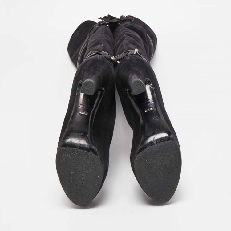 مملوكة مسبقًا Gucci Black Suede and Leather Bow Over The Knee Boots Size 36.5