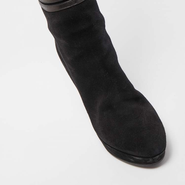 مملوكة مسبقًا Gucci Black Suede and Leather Bow Over The Knee Boots Size 36.5
