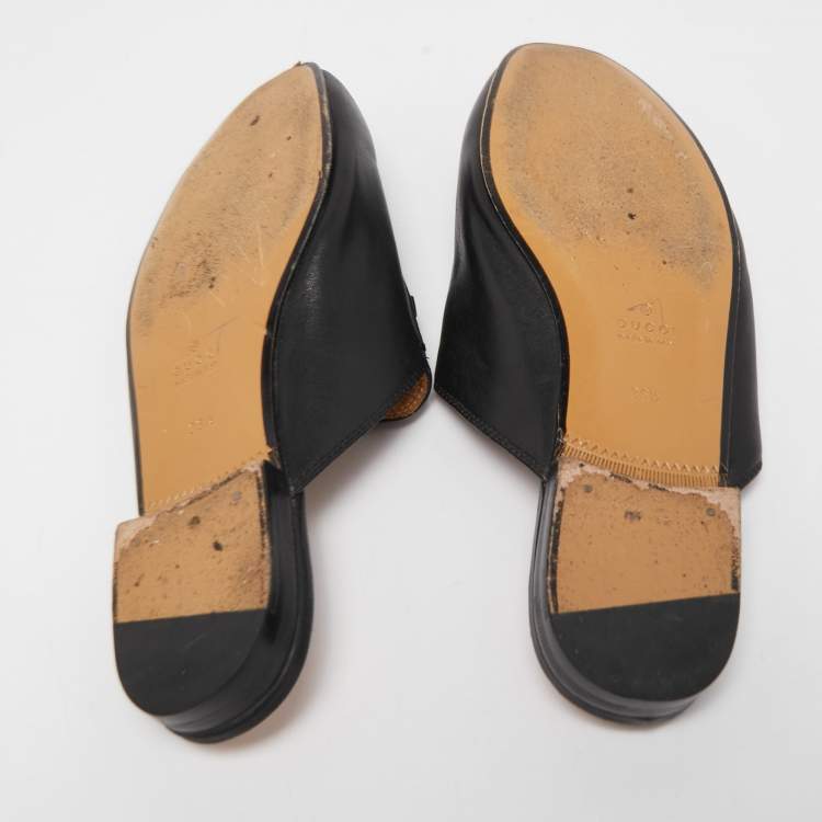 Pre Owned Gucci Black Leather Princetown Flat Mules Size 36.5