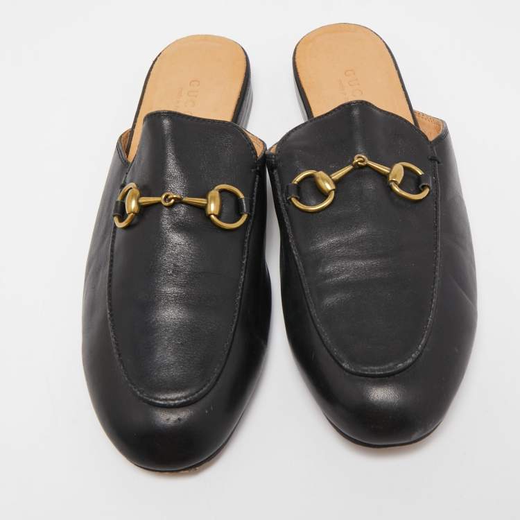 Pre Owned Gucci Black Leather Princetown Flat Mules Size 36.5