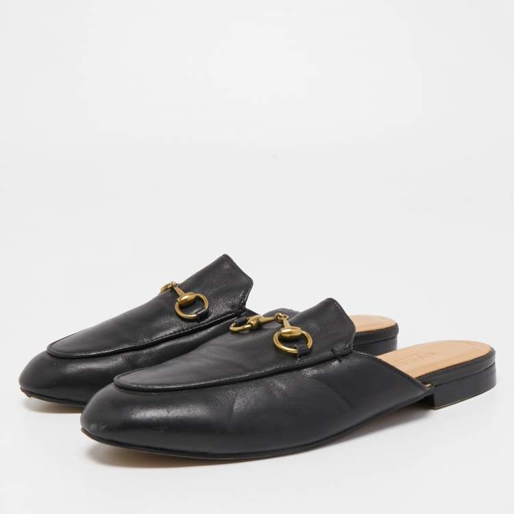 Pre Owned Gucci Black Leather Princetown Flat Mules Size 36.5