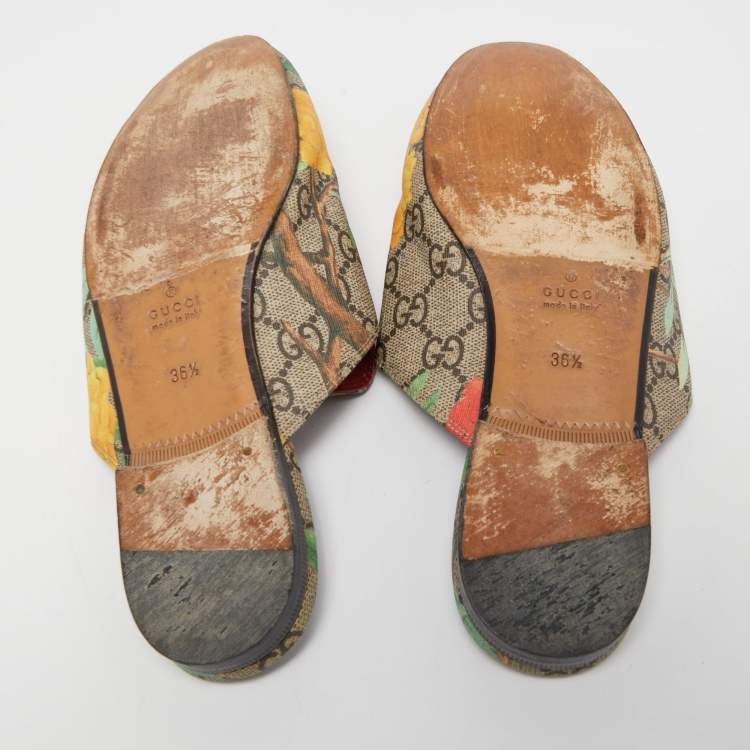 Pre Owned Gucci Tian Print GG Supreme Canvas Princetown Flat Mules Size 36.5
