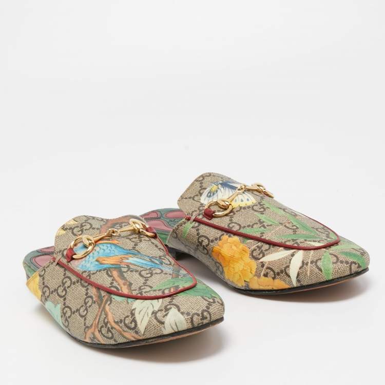 Pre Owned Gucci Tian Print GG Supreme Canvas Princetown Flat Mules Size 36.5