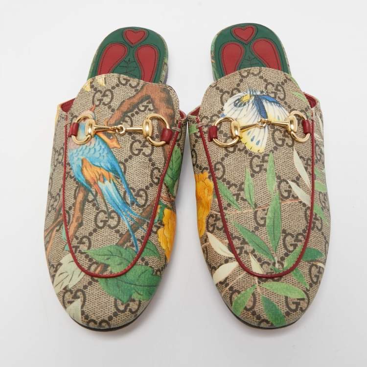 Pre Owned Gucci Tian Print GG Supreme Canvas Princetown Flat Mules Size 36.5