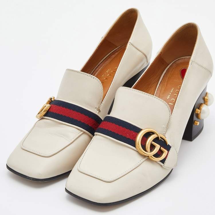 Gucci Gg Marmont Leather Block Heel Loafers in White