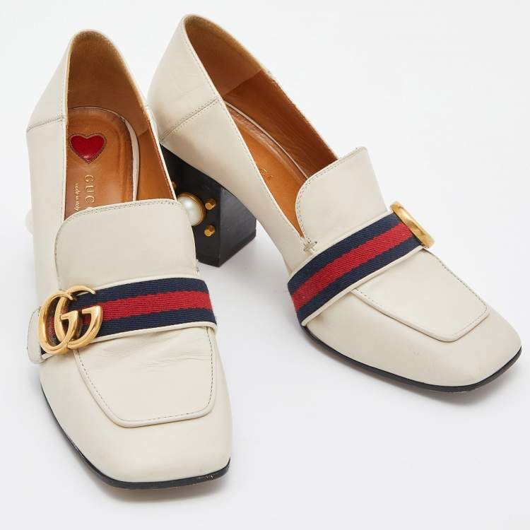 Pre Owned Gucci Off White Leather Peyton GG Sylvie Pearl Studded Loafer Size 38