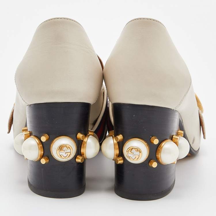 Pre Owned Gucci Off White Leather Peyton GG Sylvie Pearl Studded Loafer Size 38