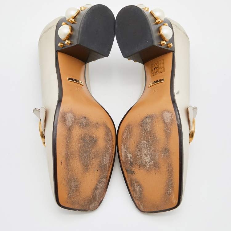 Pre Owned Gucci Off White Leather Peyton GG Sylvie Pearl Studded Loafer Size 38