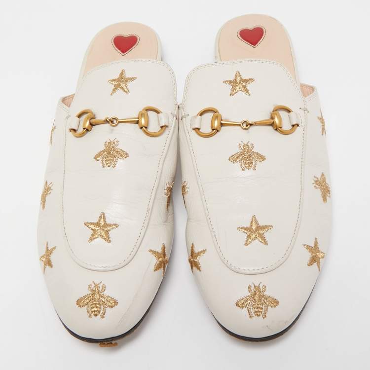 Pre Owned Gucci Cream Leather Bee and Star Embroidered Princetown Flat Mules Size 39.5