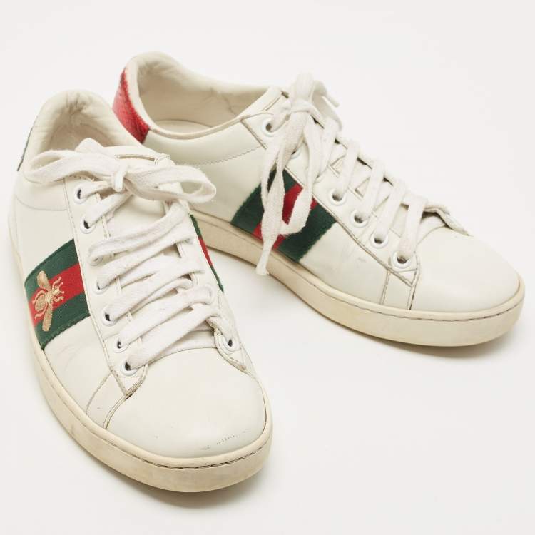 Pre Owned Gucci White Leather Web Detail Bee Embroidered Ace Low Top Sneakers Size 35