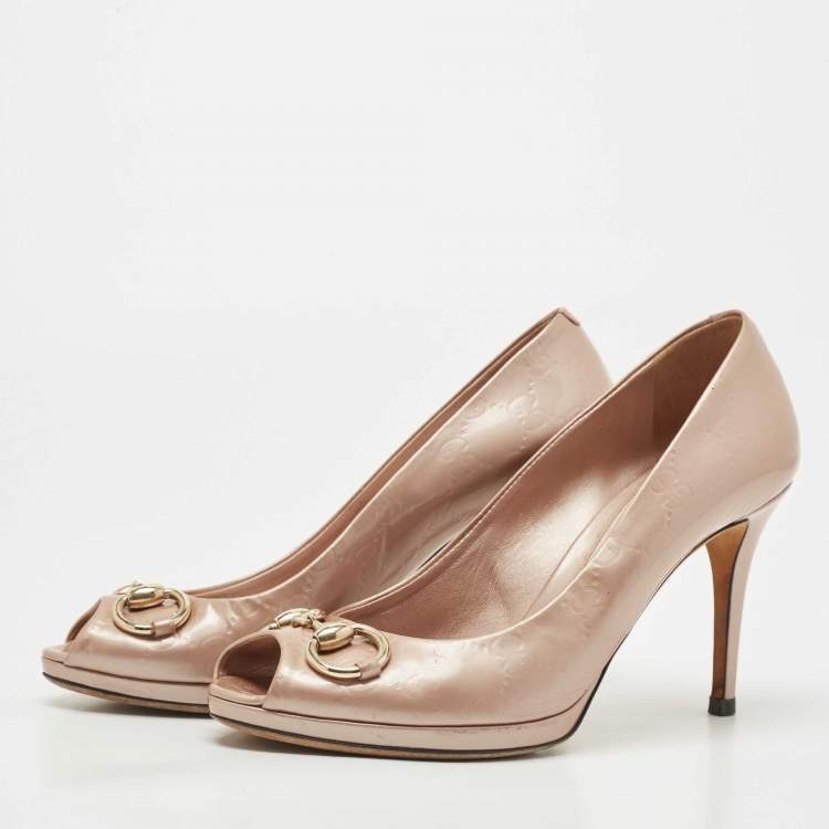 Pre Owned Gucci Beige Guccissima Patent Leather New Hollywood Horsebit Peep Toe Pumps Size 39